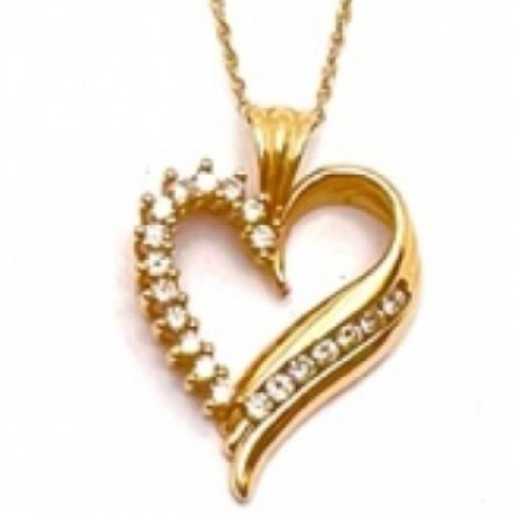 14K  Diamond Yellow Gold Open Heart Necklace  1 1/16" Heart Chain 19"